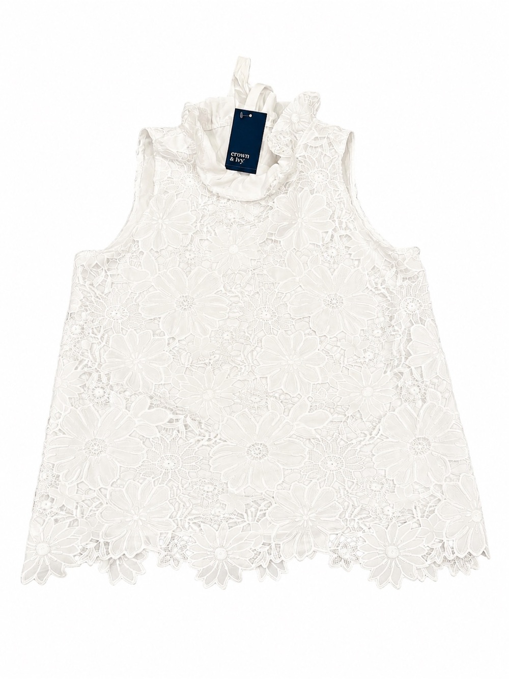 NWT Crown & Ivy White Floral Lace Bow Mock Neck Sleeveless Blouse Size Large
